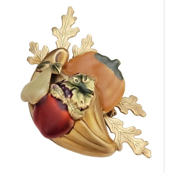 Gold Tone Red Orange Enamel Cornucopia Autumn Pumpkin Leaf Pin Brooch K121 - Picture 3 of 9